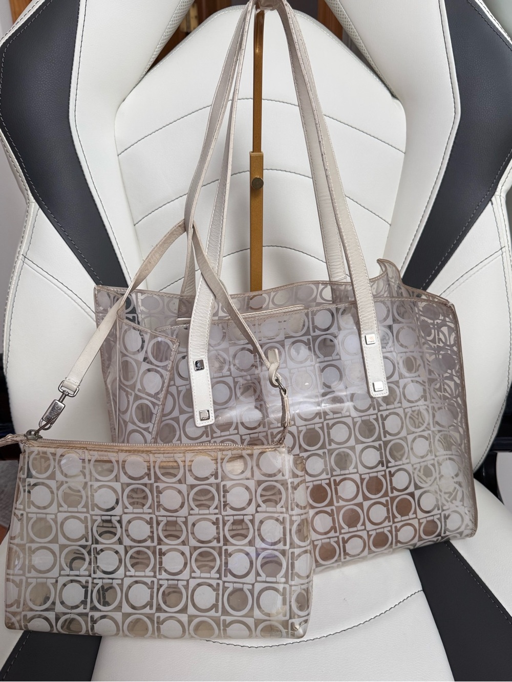 Salvatore Ferragamo Beige Transparent Logo Tote with Pouch